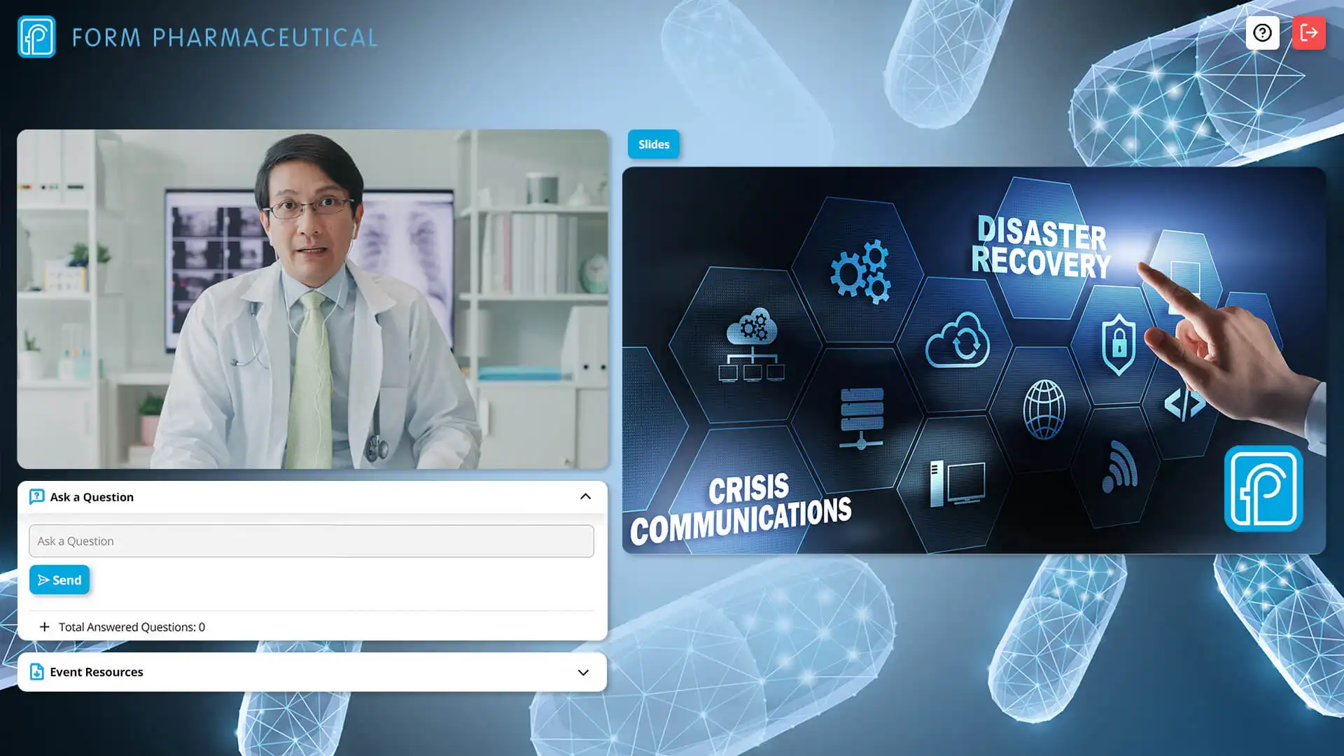 mockup of the globalmeet virtual event platform ui for a life sciences webcast