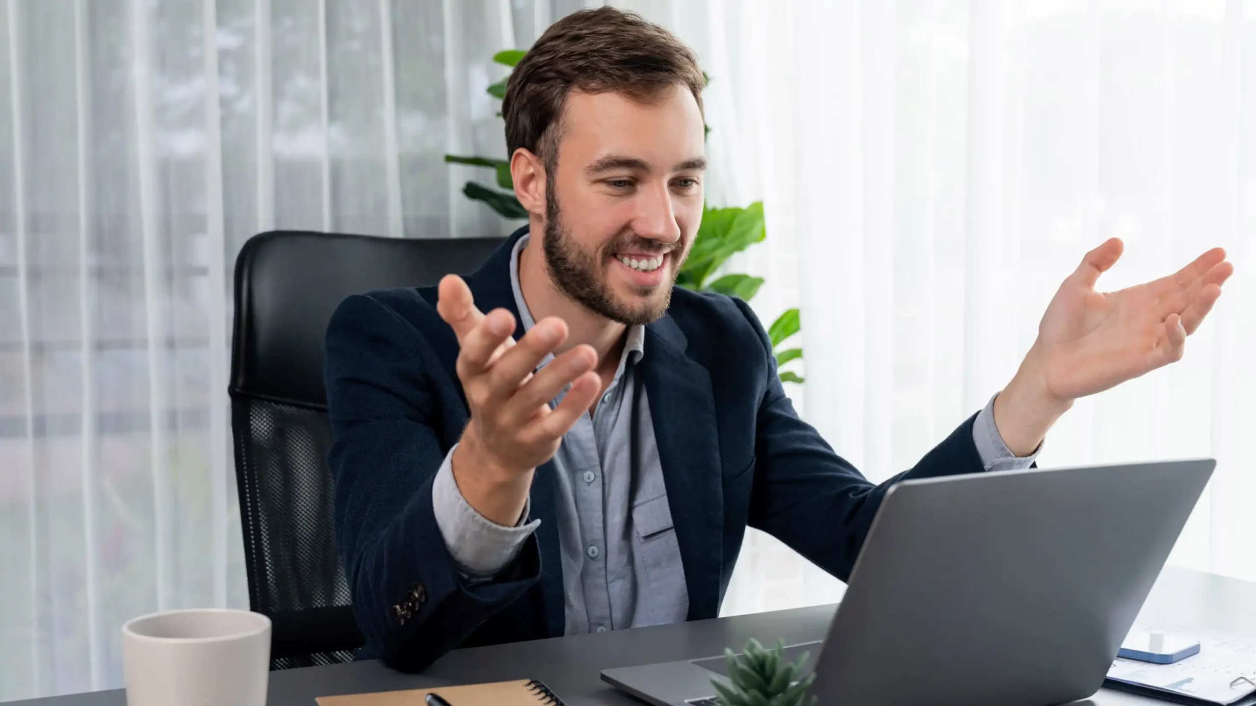 image of a business man holding an online investor relations event with globalmeet