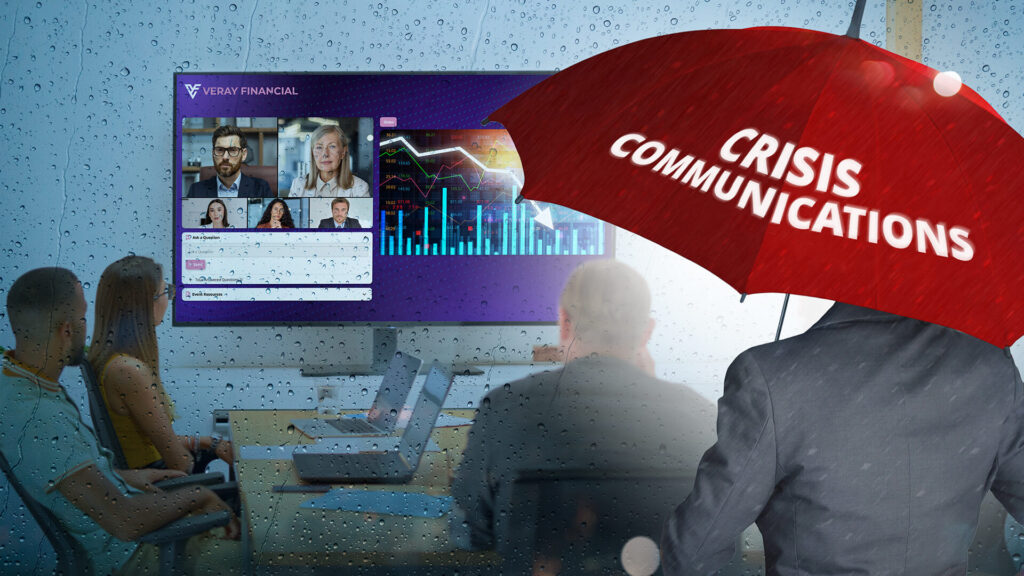 Business people watching a veray financial event with a person holding a crisis communications umbrella