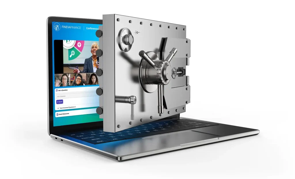 GlobalMeet's secure online town hall functionality represented by a laptop protect by a vault