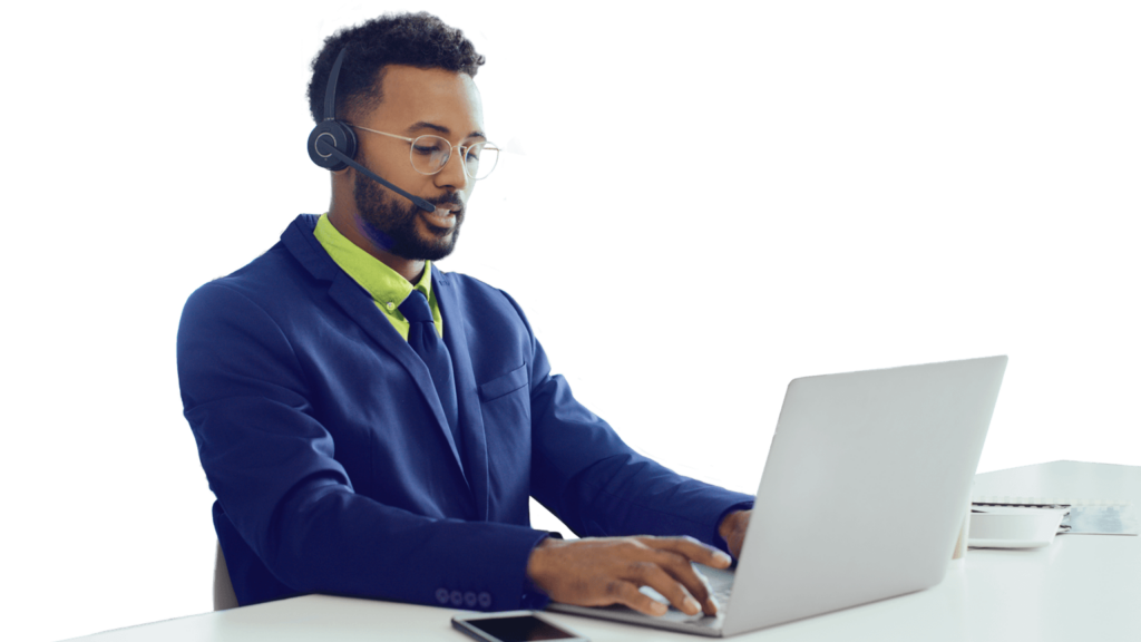 African american man businessman with a headset talking to a laptop screen