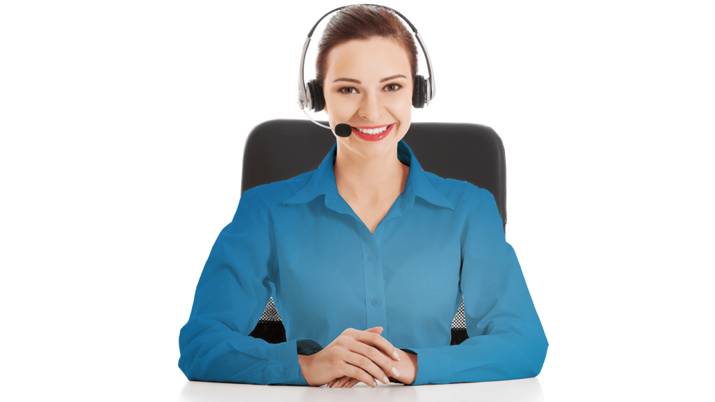 Business woman in royal blue smiling with a headset on