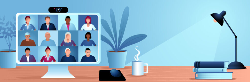 An Illustration of a computer on a desk with a virtual town hall meeting going on