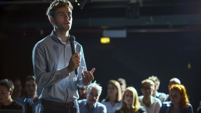 Professional businessman speaking to a crowd at a GlobalMeet corporate communication strategy event.