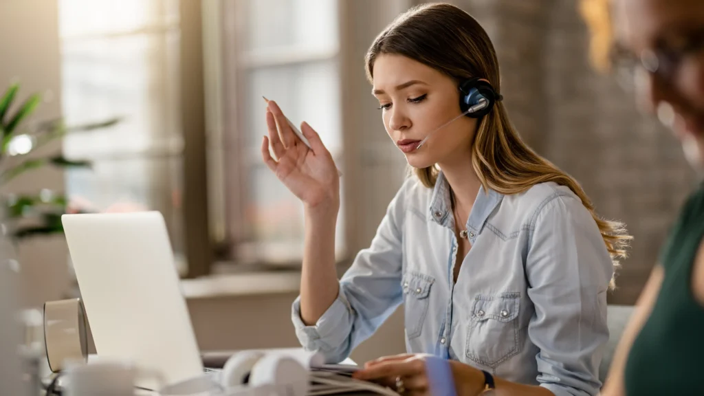 Business woman speaking on GlobalMeet's conferencing call solution