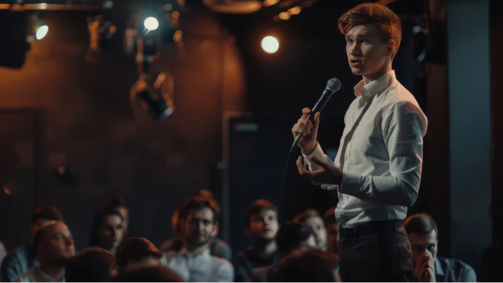 businessman on stage peaking to audience during a town hall meeting