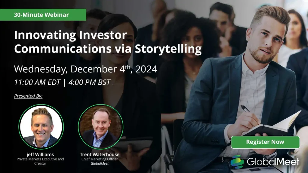 Graphic promoting GlobalMeet's Innovating Investor Communications via Storytelling event