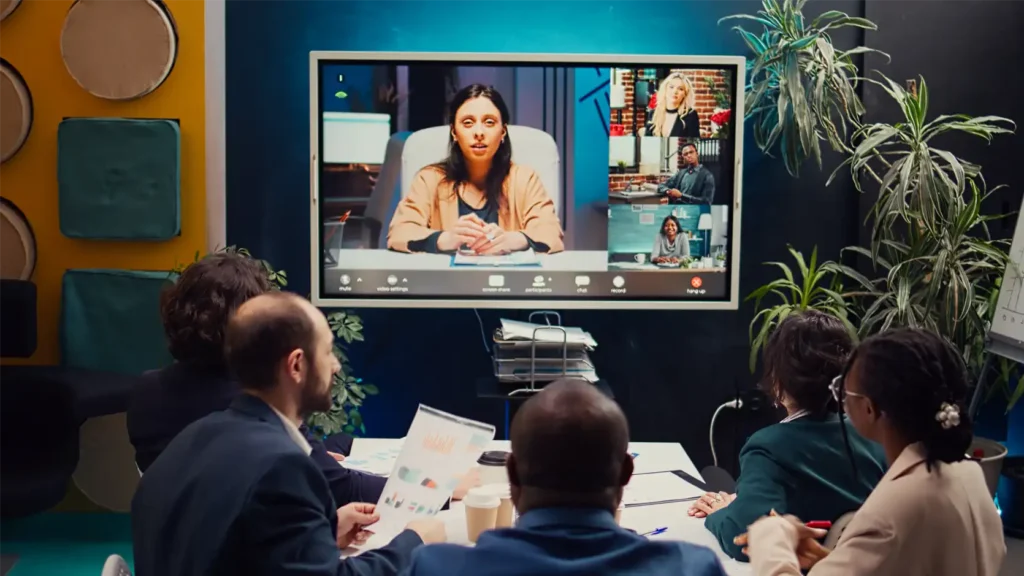 A group of professionals taking part in a virtual conference using GlobalMeet software