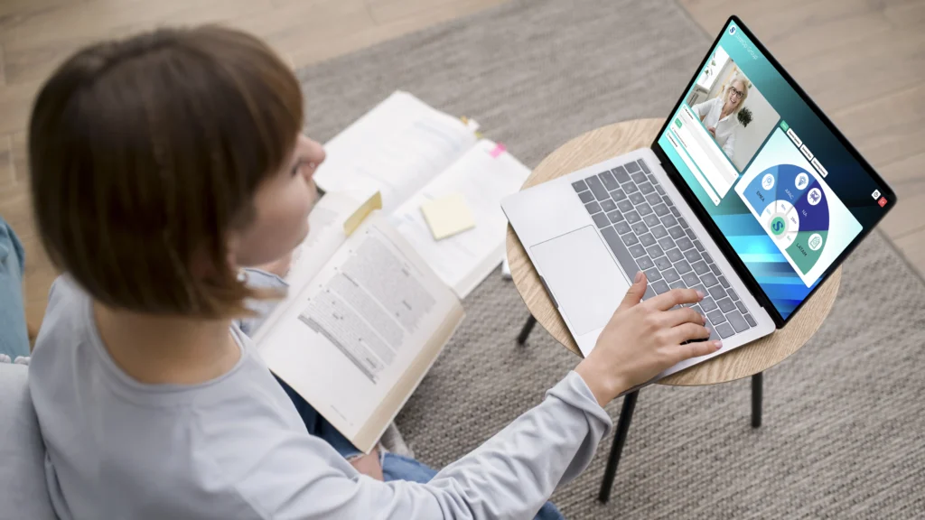 image of a woman using globalmeet's virtual training webcasting platform